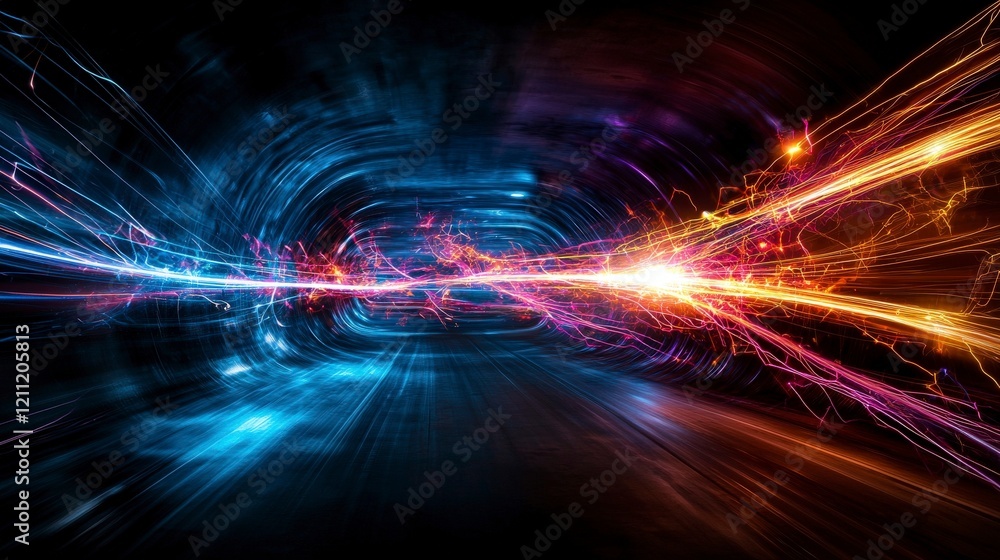 Aufkleber Dynamic light streaks capturing motion futuristic space digital artwork hypnotic environment abstract viewpoint
