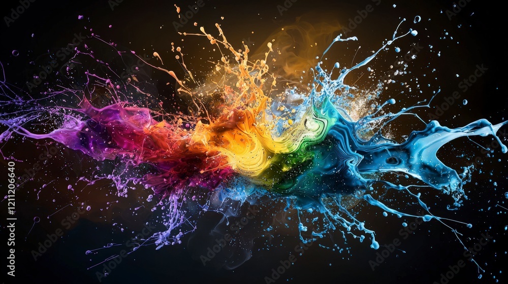 Poster Vibrant splashes of color radiating outward in rhythmic patterns abstract art digital artwork studio close-up perspective