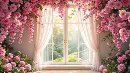 Romantic Pink Floral Wedding scene featuring a window draped with sheer curtains and adorned with abundant pink flowers, creating a celebratory atmosphere.

