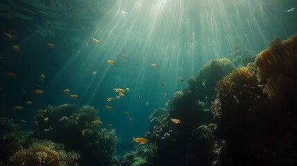 Fototapeta premium Sunbeams Illuminate Colorful Fish and Coral Reef