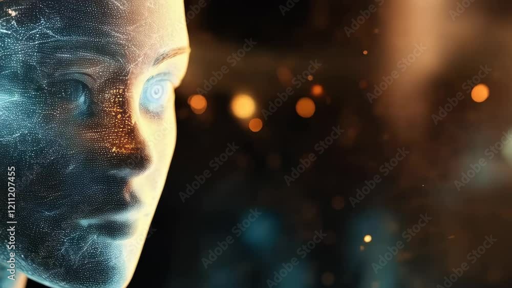 Aufkleber futuristic digital human evolution: abstract tech face with dynamic light patterns