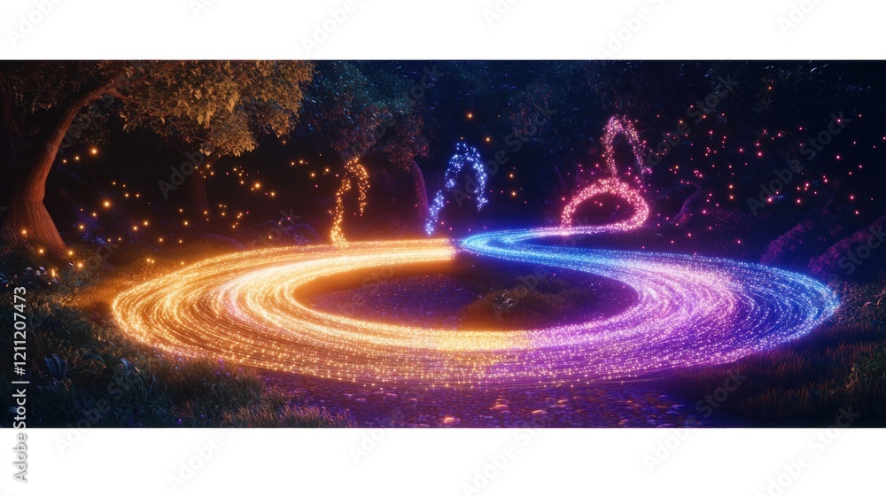 Poster a magical path of light flows through a dark forest towards musical notes