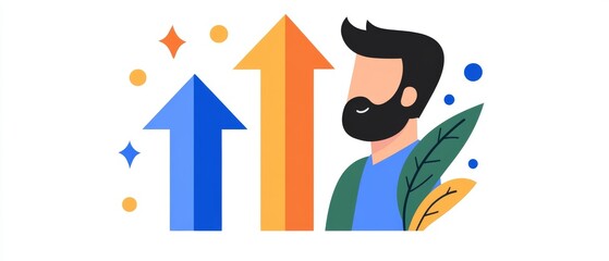 A stylized illustration of a man with a beard, surrounded by upward arrows and decorative elements, symbolizing growth and progress.