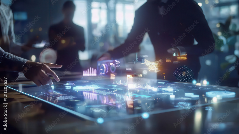 Aufkleber futuristic boardroom with professionals interacting around digital interface table, analyzing data a