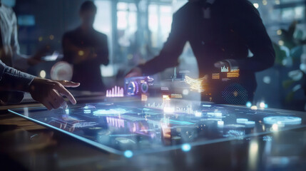 futuristic boardroom with professionals interacting around digital interface table, analyzing data and collaborating on innovative solutions