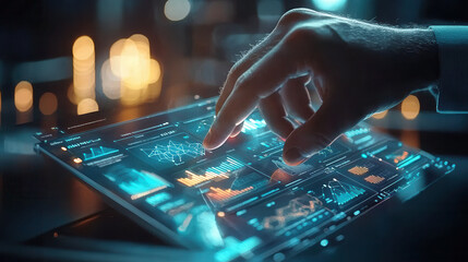 hand interacts with futuristic digital interface displaying data analytics, graphs, and charts in glowing, high tech environment
