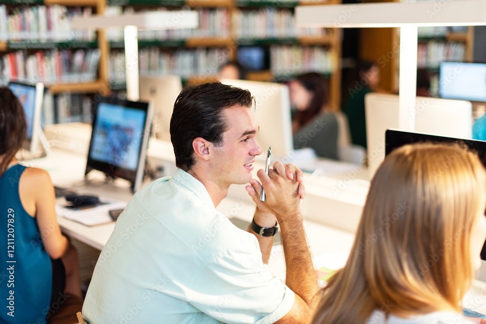 Aufkleber man in white shirt sitting at a desk in a library. focused man sitting in library with other study i