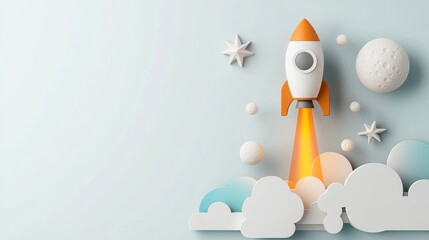Astronaut launching into space cartoon style digital artwork cloudy environment playful viewpoint adventure and exploration concept