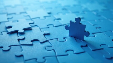 Fototapeta premium A Single Blue Jigsaw Piece About to Complete a Nearly Finished Puzzle