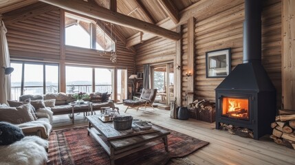 Fototapeta premium Cozy Cabin Getaway: Lakeside Log Home with Fireplace