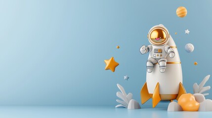 Playful astronaut adventure in a cartoon universe whimsical scene digital art light blue background fun concept