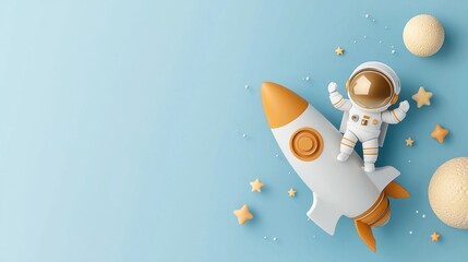 Playful astronaut adventure with rocket and stars outer space cartoon illustration whimsical setting top view fun concept for kids