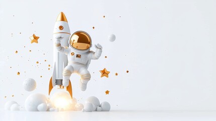 Playful astronaut launching a rocket outer space cartoon illustration fun environment dynamic perspective adventure and exploration concept