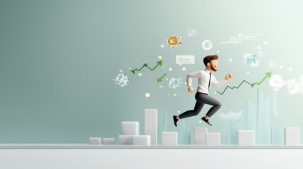 Dynamic businessman sprinting towards success digital growth environment cartoon style corporate vision perspective of progress
