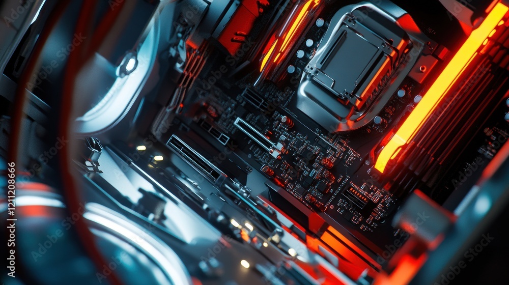 Aufkleber close-up view of a technologically advanced computer motherboard with vibrant red and blue lighting,