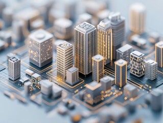 A miniature cityscape with intricate building designs and digital circuitry, showcasing a blend of urban architecture and technology.