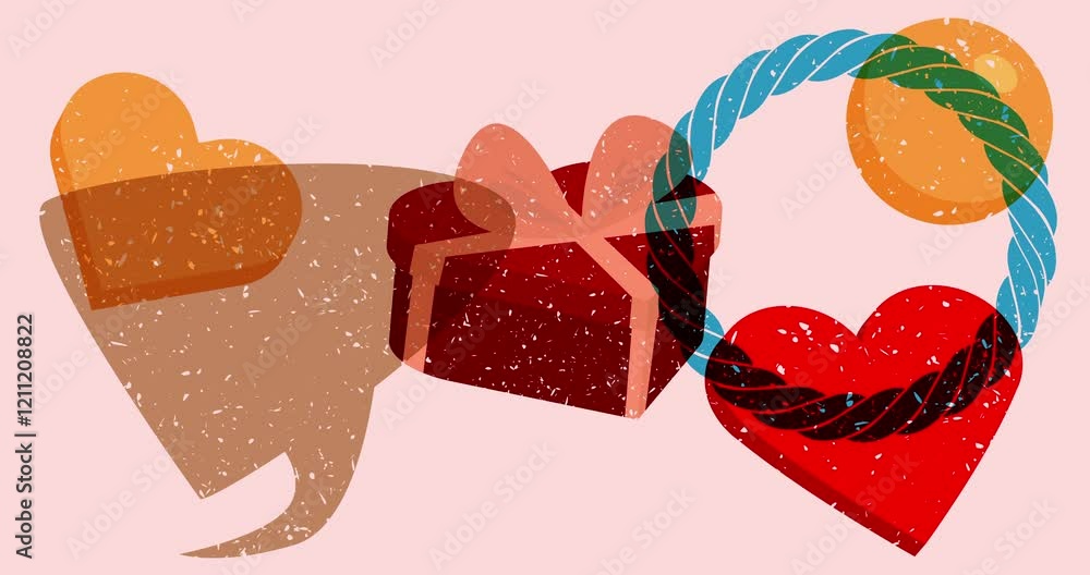 Poster risograph heart shaped gift box and speech bubble with geometric shapes animation. moving object in 