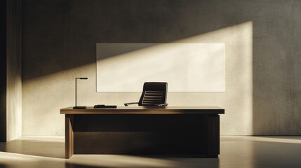 Modern Minimalist Office Interior Design: Sunlight Illuminates a Desk, Chair, and Blank Whiteboard in a Concrete Room