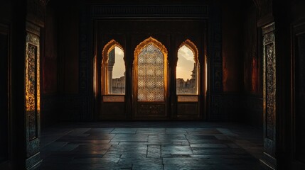 Fototapeta premium Golden Hour in a Majestic Palace: A Glimpse of India's Architectural Grandeur