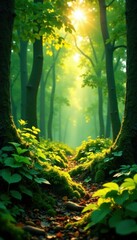 Obraz premium Overgrown forest floor with saffron and green light filtering, abstract, saffron, nature