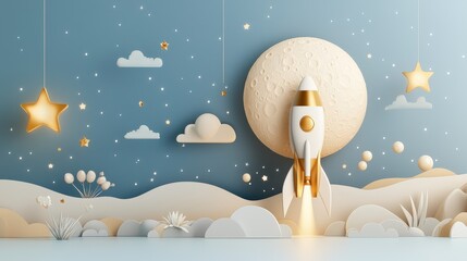 A whimsical rocket launch outer space digital art dreamlike setting close-up view playful exploration of imagination
