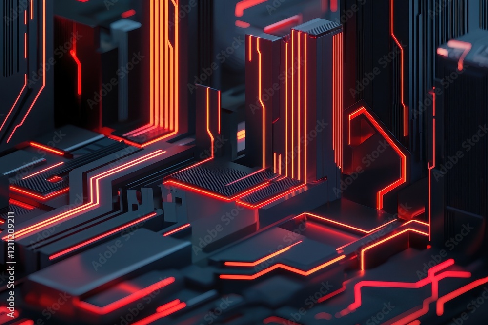 Poster a vibrant, futuristic circuit board with glowing red lines against a dark background, showcasing a h
