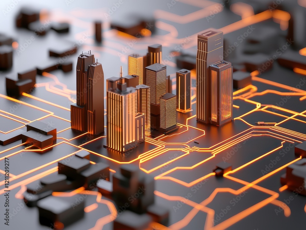 Poster a futuristic cityscape model with glowing circuit patterns, showcasing urban architecture and advanc