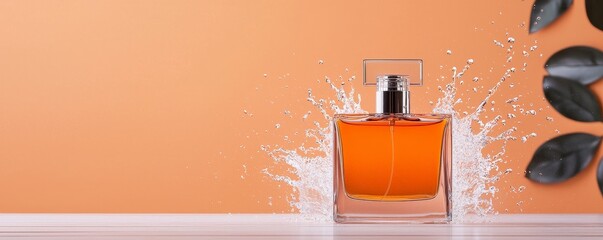A stylish perfume bottle splashes water, set against a vibrant orange background, conveying freshness and elegance.