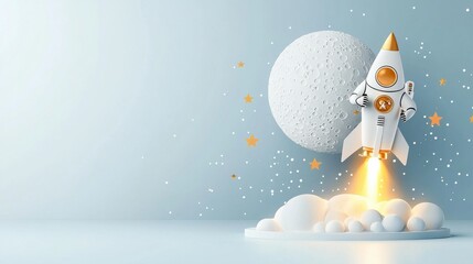 Astronaut launching a rocket into space outer space cartoon style illustration clean environment dynamic viewpoint exploring new worlds
