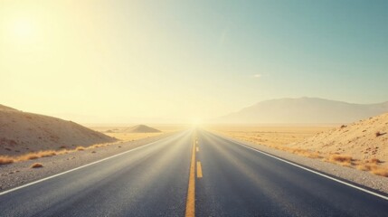 Fototapeta premium Asphalt ribbon unwinding towards a sun-kissed horizon, traversing a vast arid landscape under a clear sky, promising adventure and the thrill of open road exploration.