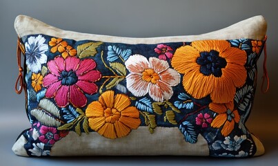 Hand-embroidered pillow, colorful floral design.