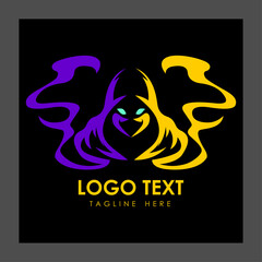 A stylized logo featuring a hooded figure with glowing blue eyes
