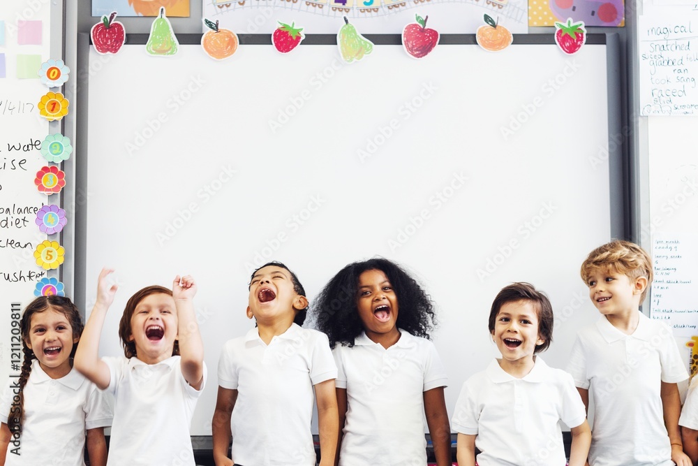 Poster Group of diverse children students smiling in a classroom. Kids standing, laughing, and having fun in front of white board classroom. Classroom setting with students enjoying. Students enjoying class