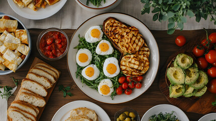Delicious healthy breakfast spread with eggs and avocado home kitchen food warm atmosphere overhead view