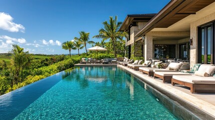 Serene Oasis: Luxurious Outdoor Pool Area with Modern Design, Comfortable Loungers, and Crystal-Clear Blue Water Reflecting Lush Greenery