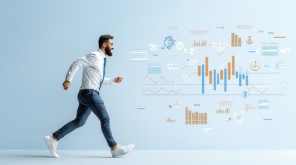Dynamic businessman running towards growth charts in a modern office environment captured in a stylish cartoon style motivational concept for entrepreneurs