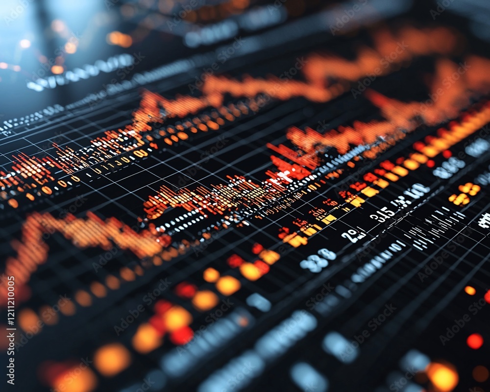 Poster Close-up of a stock market data display showing fluctuating graphs and numbers.