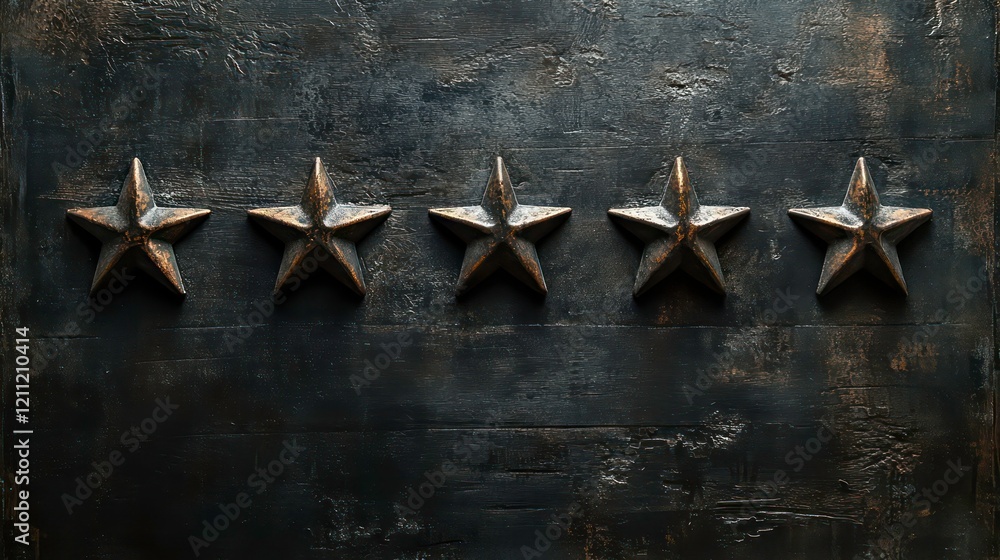 Poster five stars in a row on a black rustic cement boards. conceptual of service rating and quality of tra