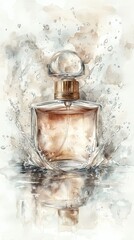 A beautifully illustrated perfume bottle surrounded by splashes of water, evoking elegance and freshness.