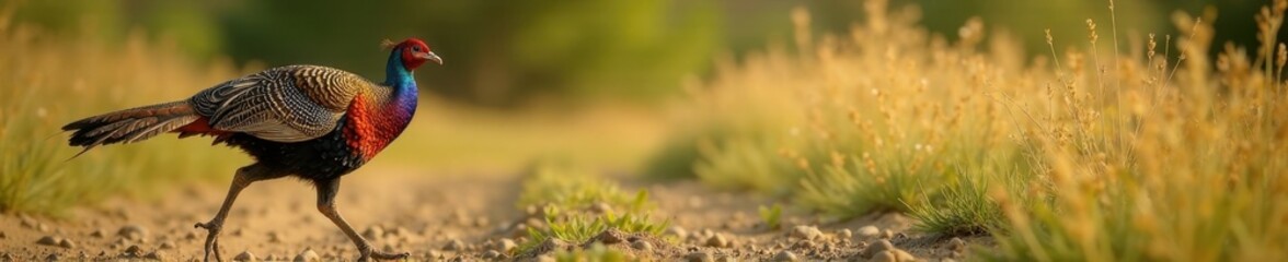 Pavo real con cuello largo y cabeza colorada caminando por un sendero de tierra, campo, arbustos, aves silvestres