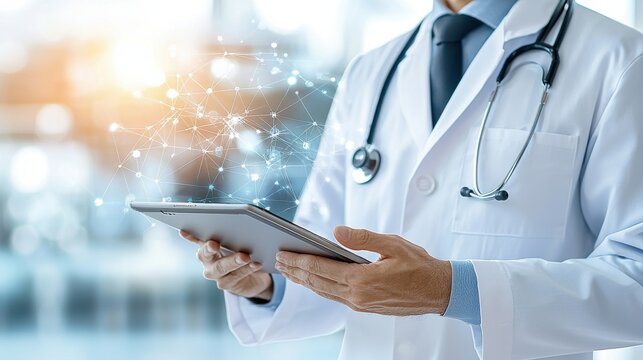 Medical professional utilizing digital technology hospital environment close-up image clinical setting professional viewpoint modern healthcare concept