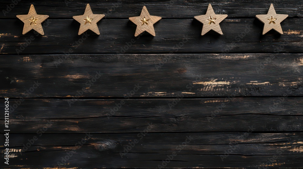 Poster five stars in a row on a black rustic cement boards. conceptual of service rating and quality of tra