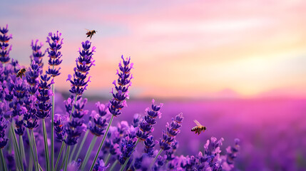 Obraz premium Bees pollinating lavender fields at sunset nature serene landscape colorful environment