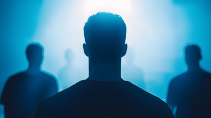 Dramatic silhouette gathering urban setting cinematic scene foggy environment rear view brotherhood concept