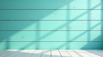 Obraz premium Light Aqua Wood Wall and White Floor with Window Light Shadows