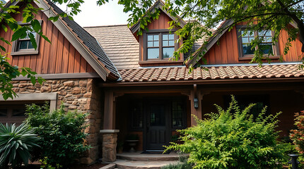 Rustic Luxury Home Exterior: Stone, Wood, and Tile Design