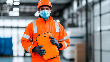 Safety inspection action for industrial workers in warehouse environment with ppe gear