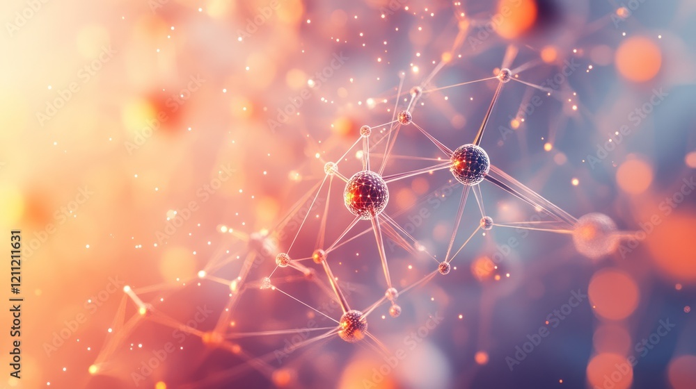 Poster abstract molecule structure glowing in warm color.