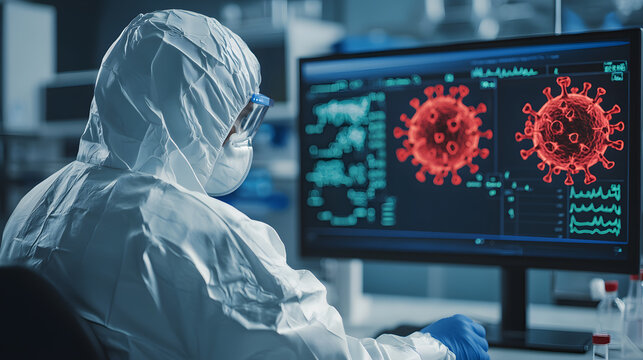 Covid-19 research and data analysis by scientist in laboratory environment modern technology focus