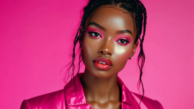 A lovely young black woman with braids and pink clothing on a pink background